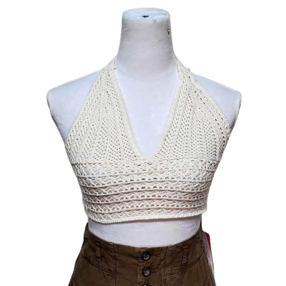 ROMWE Cream Crochet Halter Top Boho Bohemian Festival Size Medium